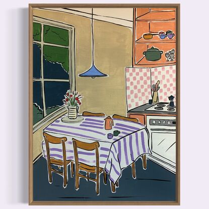 Simplistic interior scene, featuring kitchen and coffee table bright vibrant colours 