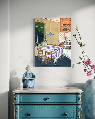 Simplistic interior scene, featuring kitchen and coffee table bright vibrant colours 