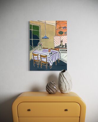 Simplistic interior scene, featuring kitchen and coffee table bright vibrant colours 