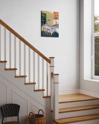 Simplistic interior scene, featuring kitchen and coffee table bright vibrant colours 