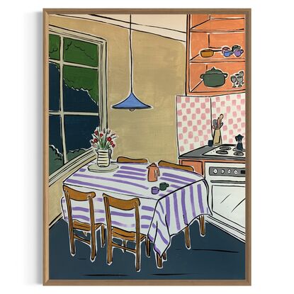 Simplistic interior scene, featuring kitchen and coffee table bright vibrant colours 