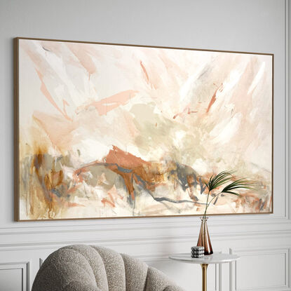 subtle warm neutral tones and white, beige, peach, apricot, ochre mixed with grey expressive makes across the canvas.