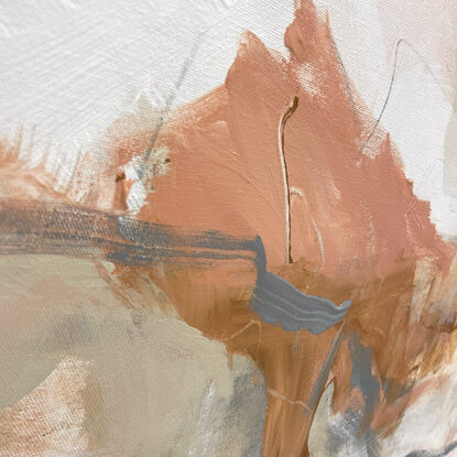 subtle warm neutral tones and white, beige, peach, apricot, ochre mixed with grey expressive makes across the canvas.