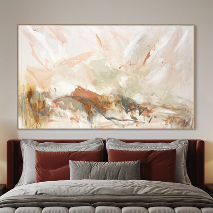 subtle warm neutral tones and white, beige, peach, apricot, ochre mixed with grey expressive makes across the canvas.