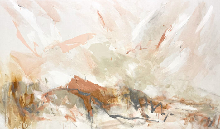 subtle warm neutral tones and white, beige, peach, apricot, ochre mixed with grey expressive makes across the canvas.