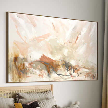 subtle warm neutral tones and white, beige, peach, apricot, ochre mixed with grey expressive makes across the canvas.