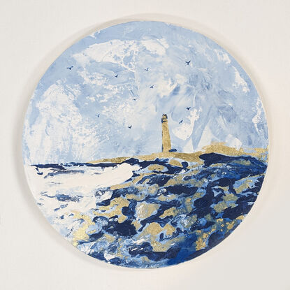 A dark blue and white abstract seascape of Petit Manan lighthouse sits on a rocky island in the Gulf of Maine.