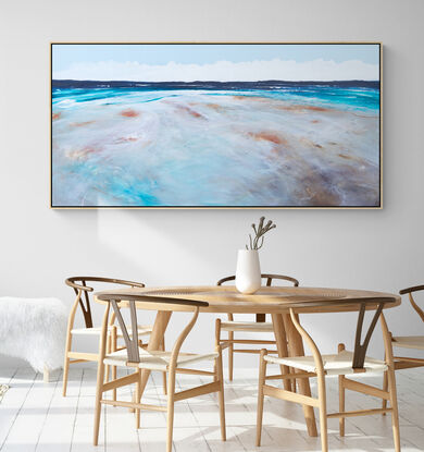 Colourful abstract seascape  with rocky mountain outcrop, blue sky, rolling countryside and crisp blue water with texture and mark making.
