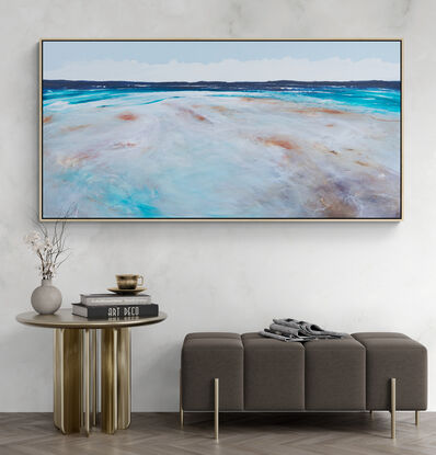 Colourful abstract seascape  with rocky mountain outcrop, blue sky, rolling countryside and crisp blue water with texture and mark making.
