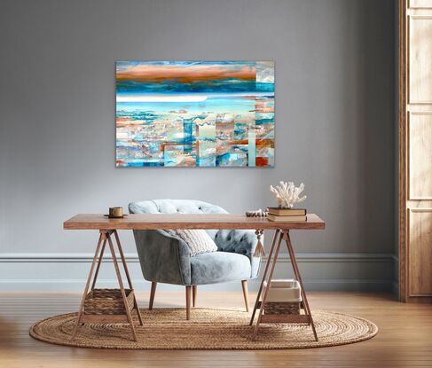 A Semi Abstract portrayal of the rugged South Australian coast. Depicting the Limestone rocks under a crystal clear ocean. On dusk, looming on the horizon is evidence of another hot day to come.