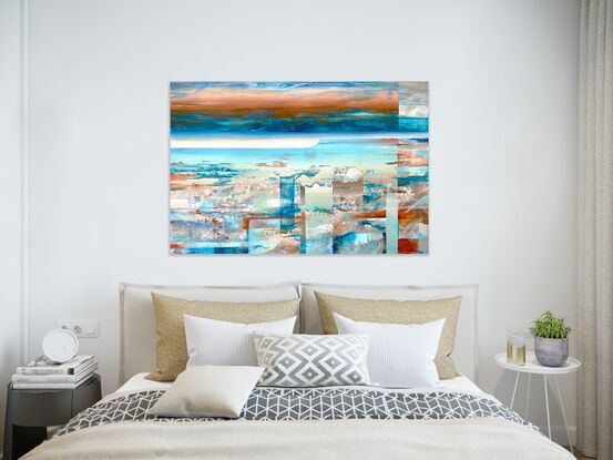 A Semi Abstract portrayal of the rugged South Australian coast. Depicting the Limestone rocks under a crystal clear ocean. On dusk, looming on the horizon is evidence of another hot day to come.