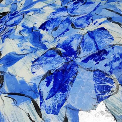 An abstract of flowers and leaves in delft blue, dark blue and white with gold leaf.  