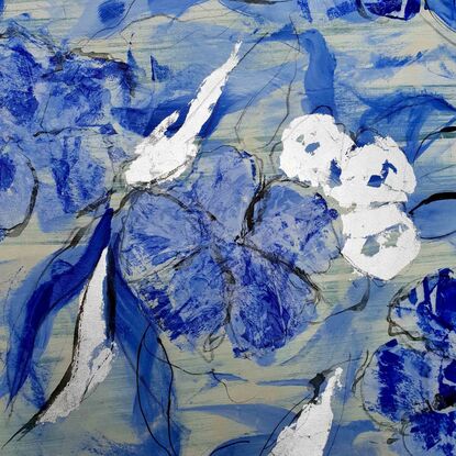 An abstract of flowers and leaves in delft blue, dark blue and white with gold leaf.  