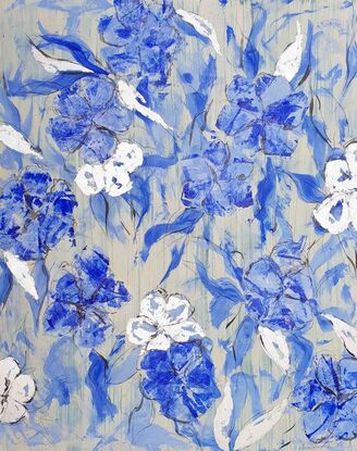 An abstract of flowers and leaves in delft blue, dark blue and white with gold leaf.  