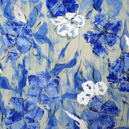 An abstract of flowers and leaves in delft blue, dark blue and white with gold leaf.  