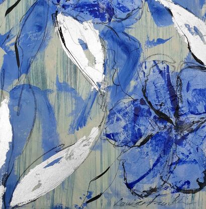 An abstract of flowers and leaves in delft blue, dark blue and white with gold leaf.  