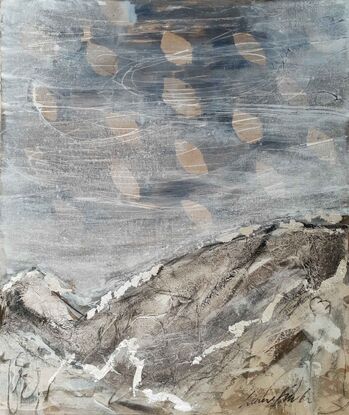 an abstract landscape painting with dark blue, black, silver, grey and white depicting Mt Hotham.