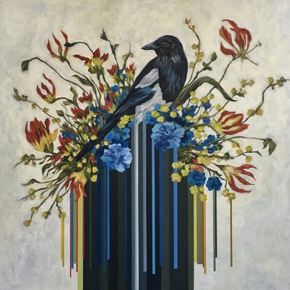 Magpie with flowers and stripes 