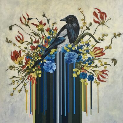 Magpie with flowers and stripes 