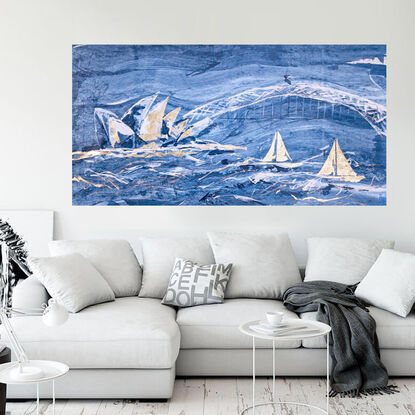 A large dark blue and white abstract depicting racing sailboats , the Sydney Opera House and the Harbour Bridge.