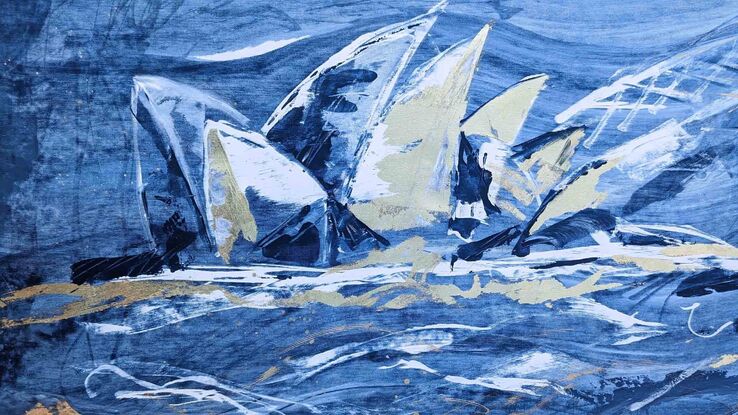 A large dark blue and white abstract depicting racing sailboats , the Sydney Opera House and the Harbour Bridge.