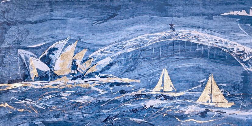 A large dark blue and white abstract depicting racing sailboats , the Sydney Opera House and the Harbour Bridge.