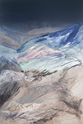 A large abstract landscape of Mt Kosciuszko of Kosciuszko National park in mixed media.