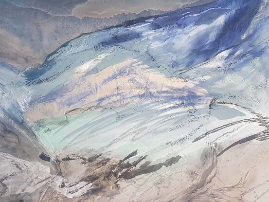 A large abstract landscape of Mt Kosciuszko of Kosciuszko National park in mixed media.