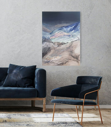 A large abstract landscape of Mt Kosciuszko of Kosciuszko National park in mixed media.