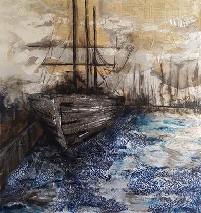 A large mixed media artwork showing a 3 masted tall ship docked at harbour.