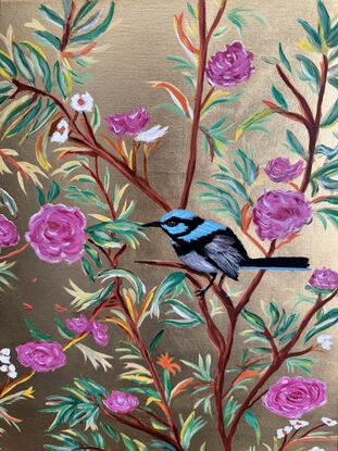 Poetic golden bush 
Acrylic painting on linen ready to hang 
Superb fairy wren in a poetic botanical deco 
The background is done with gold metal leaf 
On Italian linen high quality 
I choose a free inspiration for colours and I give a Japanese touch even if the bird is Australian 
It was a real pleasure to work on this piece.ready to hang with D-rings 
This artwork is provided with a certificate of authenticity.
Wrapped securely with thick cardboard 
