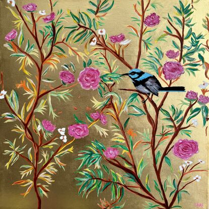 Poetic golden bush 
Acrylic painting on linen ready to hang 
Superb fairy wren in a poetic botanical deco 
The background is done with gold metal leaf 
On Italian linen high quality 
I choose a free inspiration for colours and I give a Japanese touch even if the bird is Australian 
It was a real pleasure to work on this piece.ready to hang with D-rings 
This artwork is provided with a certificate of authenticity.
Wrapped securely with thick cardboard 
