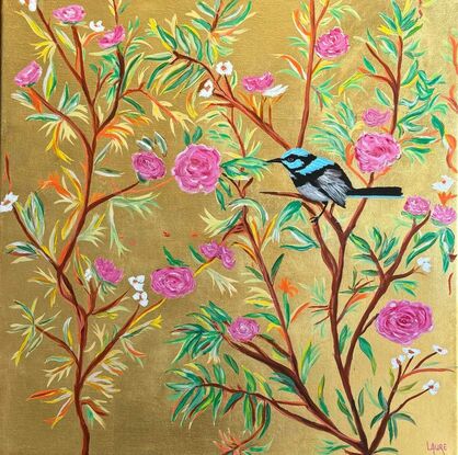 Poetic golden bush 
Acrylic painting on linen ready to hang 
Superb fairy wren in a poetic botanical deco 
The background is done with gold metal leaf 
On Italian linen high quality 
I choose a free inspiration for colours and I give a Japanese touch even if the bird is Australian 
It was a real pleasure to work on this piece.ready to hang with D-rings 
This artwork is provided with a certificate of authenticity.
Wrapped securely with thick cardboard 
