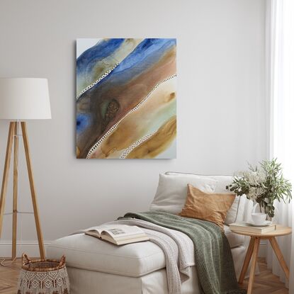 flowing acrylic painting hues of blues & green for water, tones of raw sienna for land this is modern piece 