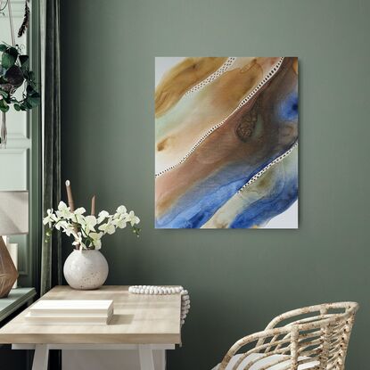 flowing acrylic painting hues of blues & green for water, tones of raw sienna for land this is modern piece 