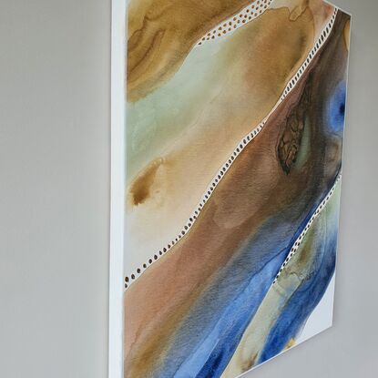 flowing acrylic painting hues of blues & green for water, tones of raw sienna for land this is modern piece 