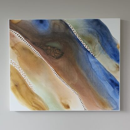 flowing acrylic painting hues of blues & green for water, tones of raw sienna for land this is modern piece 