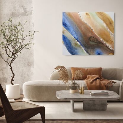 flowing acrylic painting hues of blues & green for water, tones of raw sienna for land this is modern piece 