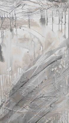 A large abstract landscape painted in shades of neutrals, grey and white depicting the Snowy Mountains.