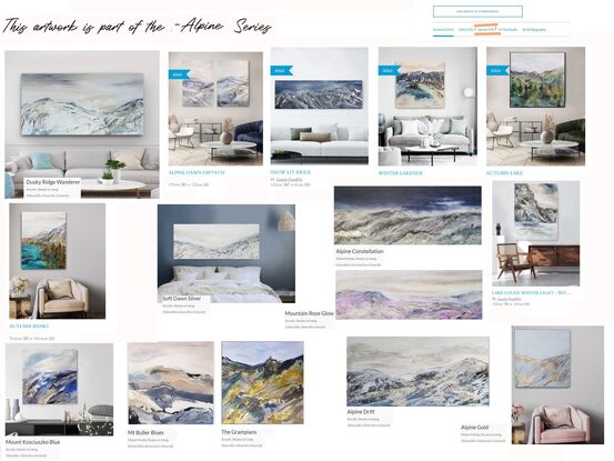 A large abstract landscape painted in shades of neutrals, grey and white depicting the Snowy Mountains.