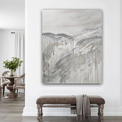 A large abstract landscape painted in shades of neutrals, grey and white depicting the Snowy Mountains.