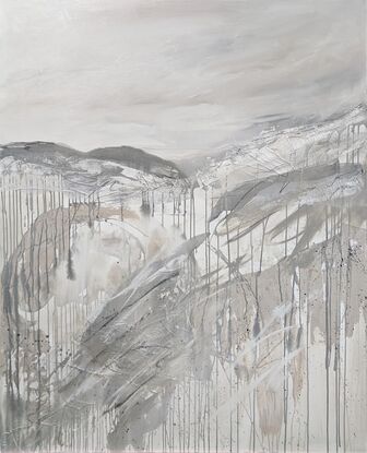 A large abstract landscape painted in shades of neutrals, grey and white depicting the Snowy Mountains.