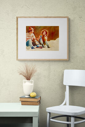 artwork showing a couple sitting on the ground enjoying a cup of tea

