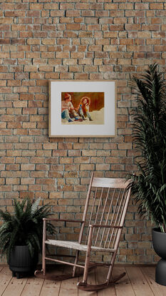 artwork showing a couple sitting on the ground enjoying a cup of tea

