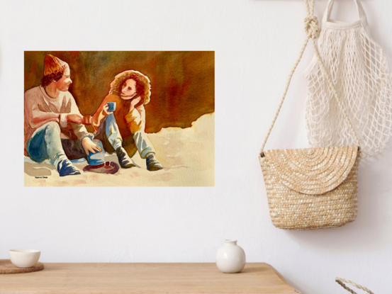 artwork showing a couple sitting on the ground enjoying a cup of tea

