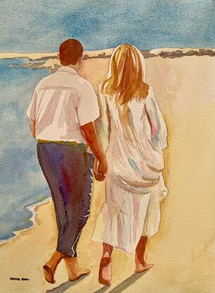 artwork showing a couple walking on the beach

