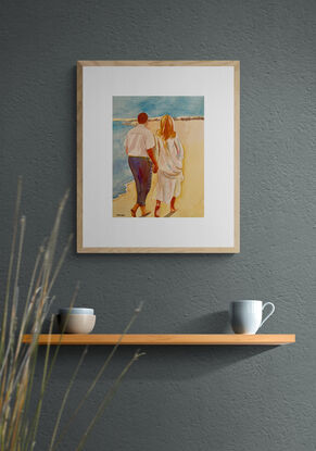 artwork showing a couple walking on the beach

