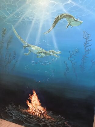 “As above, so below”, surrealist fantasy painting depicting crocodiles circling above a campfire. The fire is underwater and sunbeams can be seen breaking the water surface above, 