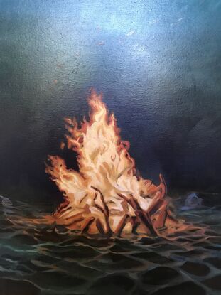 “As above, so below”, surrealist fantasy painting depicting crocodiles circling above a campfire. The fire is underwater and sunbeams can be seen breaking the water surface above, 