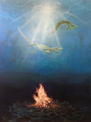 “As above, so below”, surrealist fantasy painting depicting crocodiles circling above a campfire. The fire is underwater and sunbeams can be seen breaking the water surface above, 